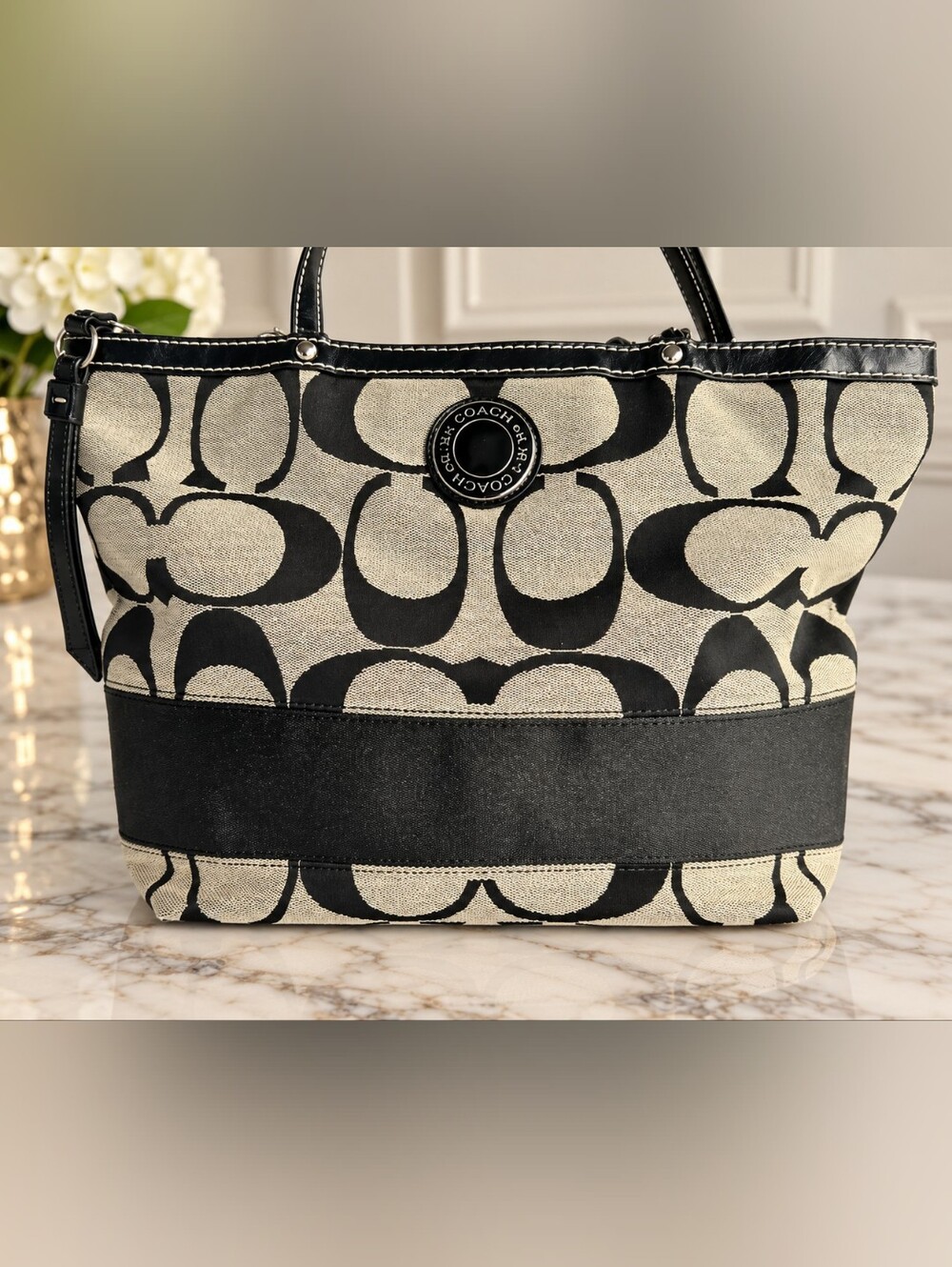 Coach Black and Tan Logo Shoulder Bag